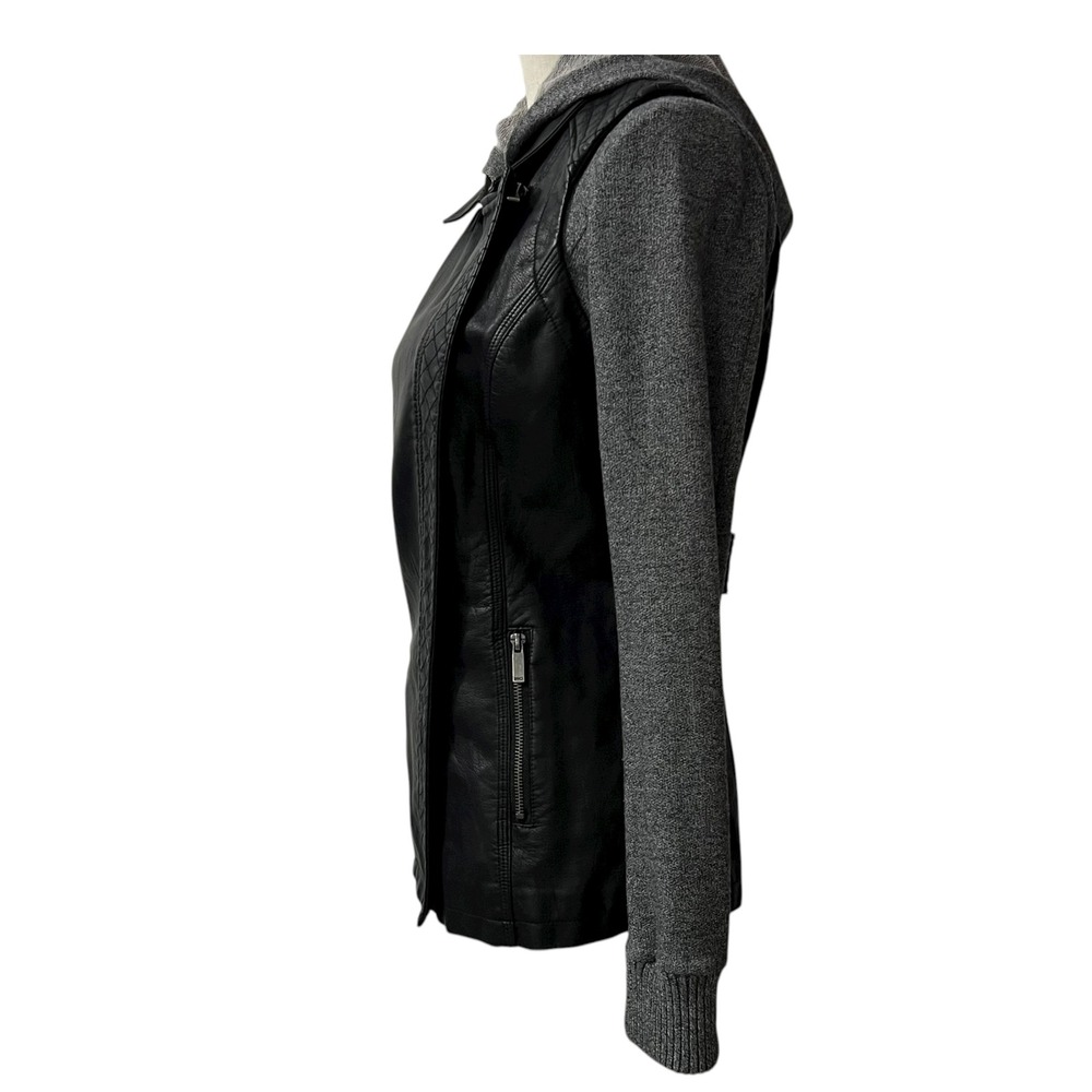 BNCI by Blanc Noir Black Faux Leather Hooded Moto Jacket Women's Size S - Picture 3 of 9